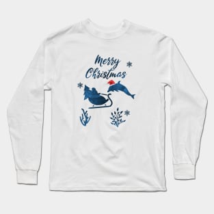 Santa Claus And The Dolphin Christmas Art Long Sleeve T-Shirt